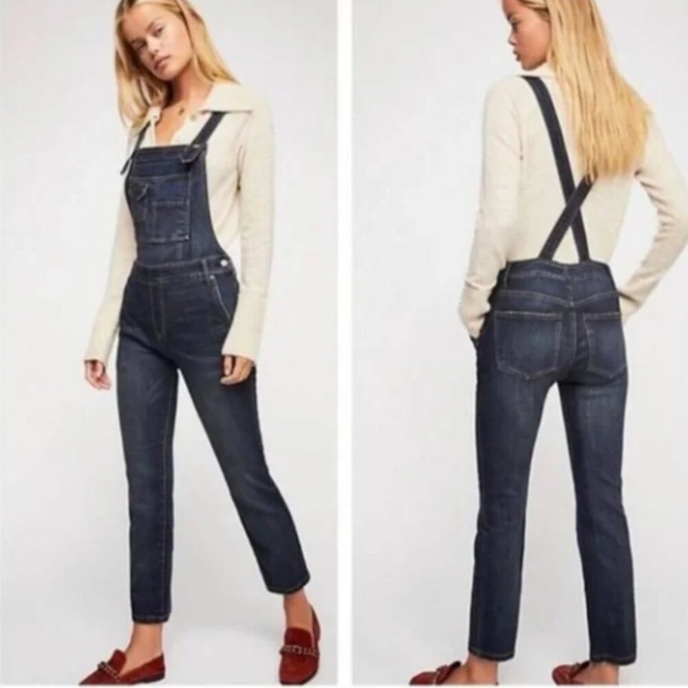 FREE PEOPLE I Slim/Skinny Fit Dark Blue Denim Jean Century Overalls, 26 - Picture 2 of 15
